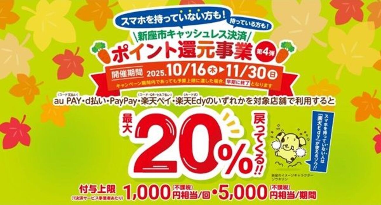 2025/11/30まで！新座市でau PAY、d払い、PayPay、楽天ペイ、楽天Edyが最大20%還元キャンペーン！ - サイドバー シーナ