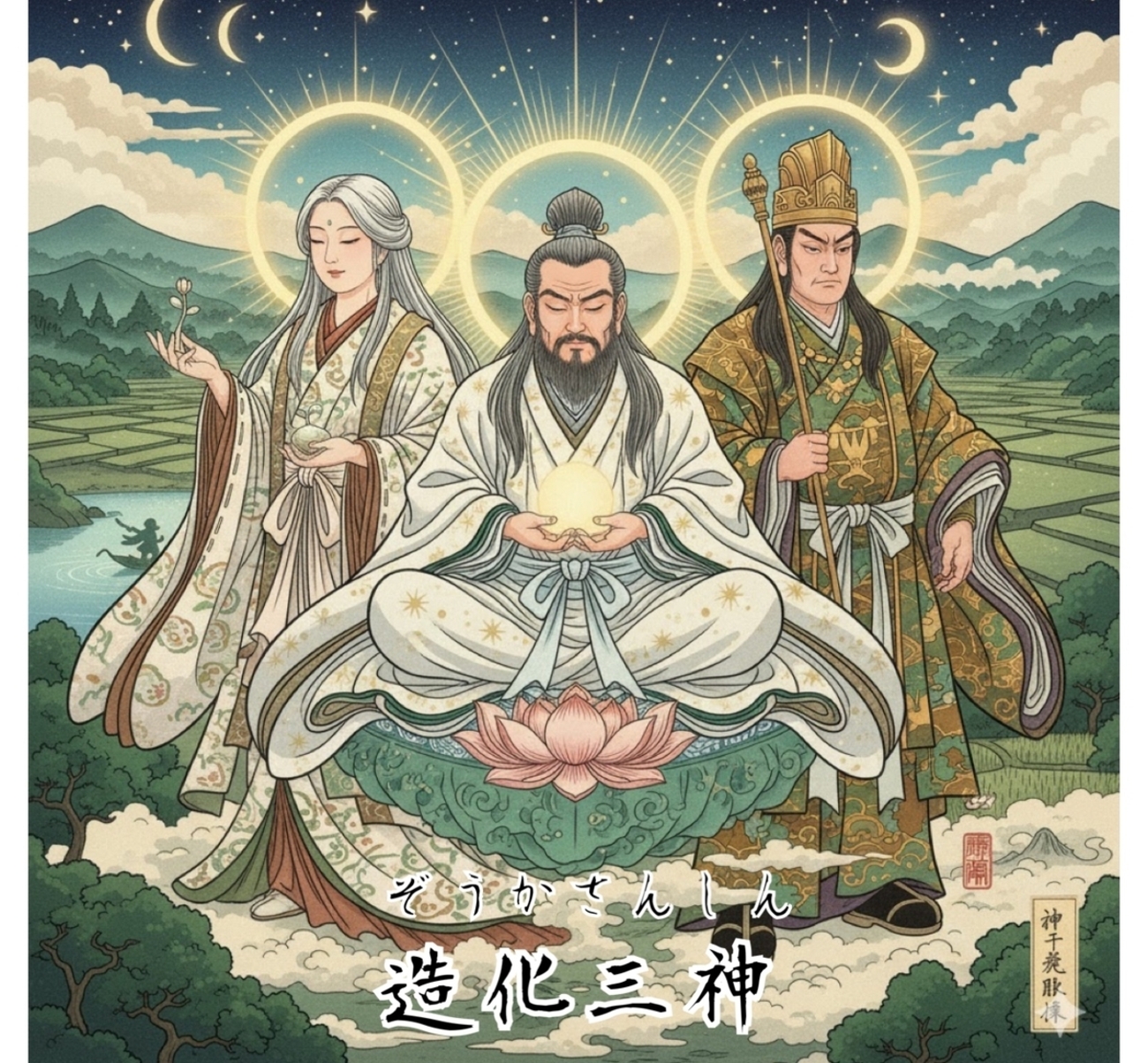 【真作】掛軸　神道三柱神図　天之御中主神・高皇産霊神・神産巣日神　共箱入　V84 backend=imagemagick;version=1;