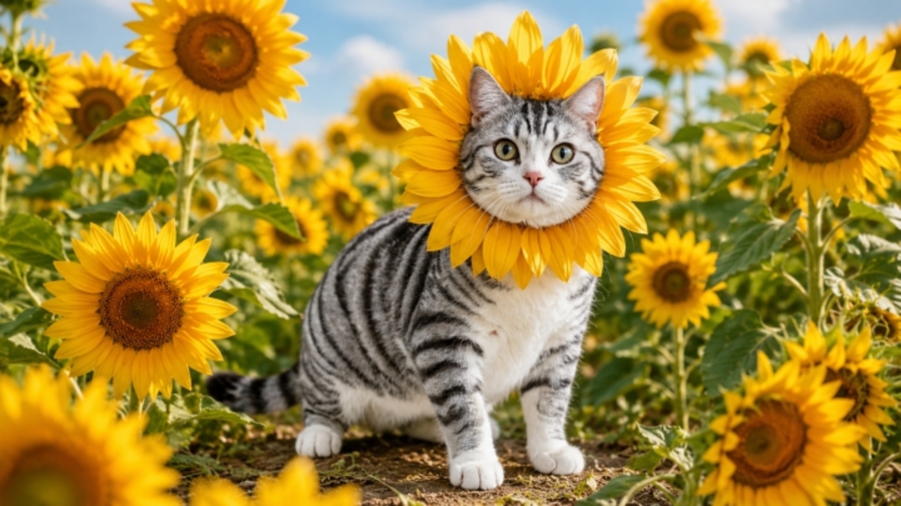 ひまわりの花になった猫