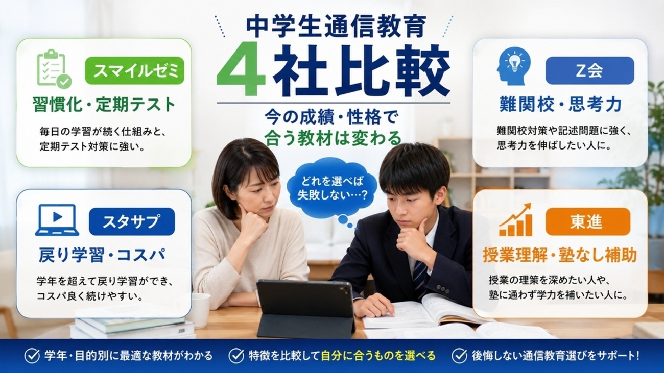中学生の通信教育おすすめ4社比較｜成績・目的別【2026】 - 子育てラボ
