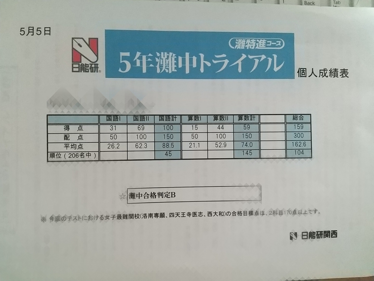 5年灘中トライアル結果！2021年5月5日実施分「日能研 灘特進コース合格 