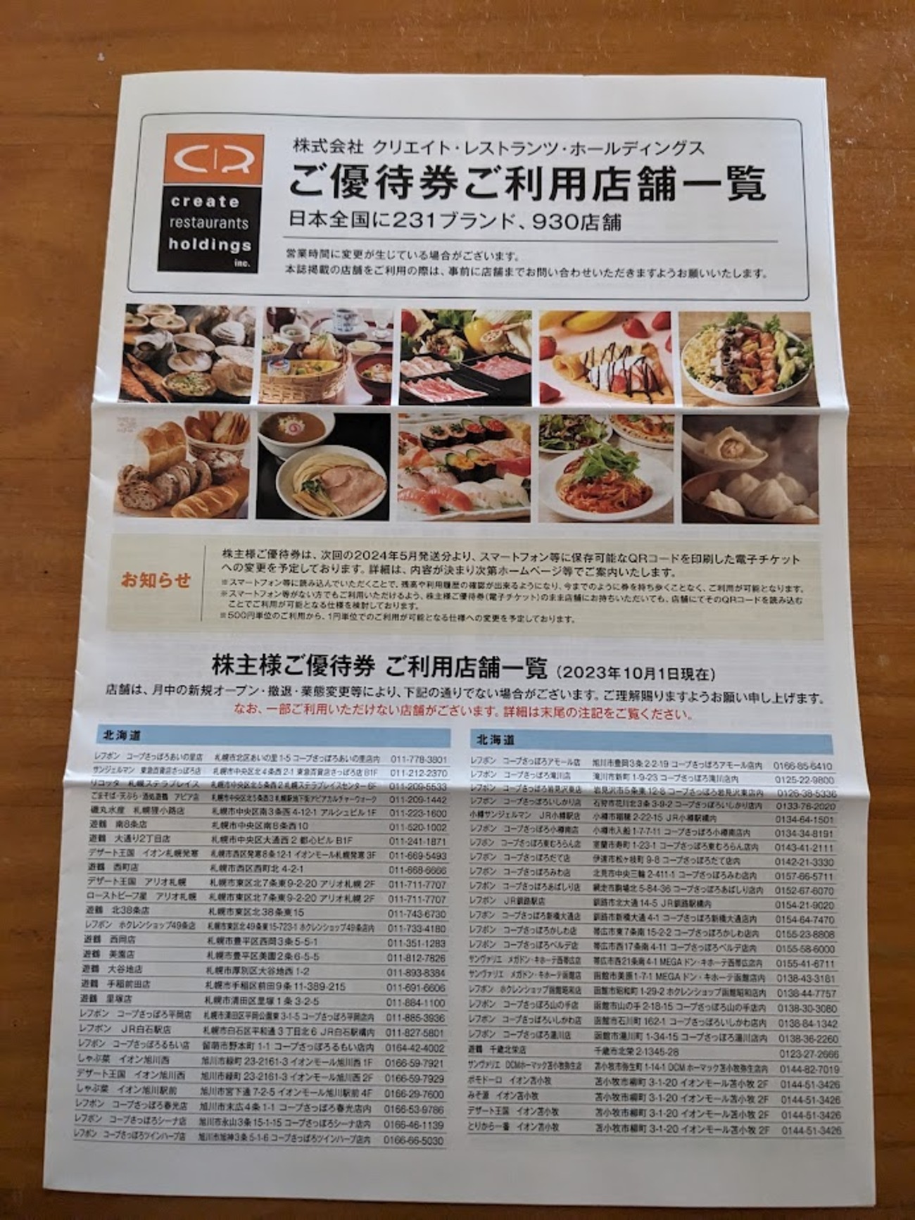クリエイトレストランツホールディングス株主優待2023/11 - 毎日や時々 