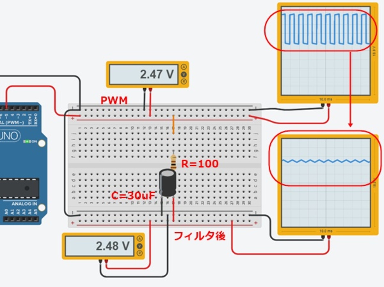 TinkercadによるArduinoシミュレーション27 ~ PWMからアナログ波形出力 - つれづれなる備忘録