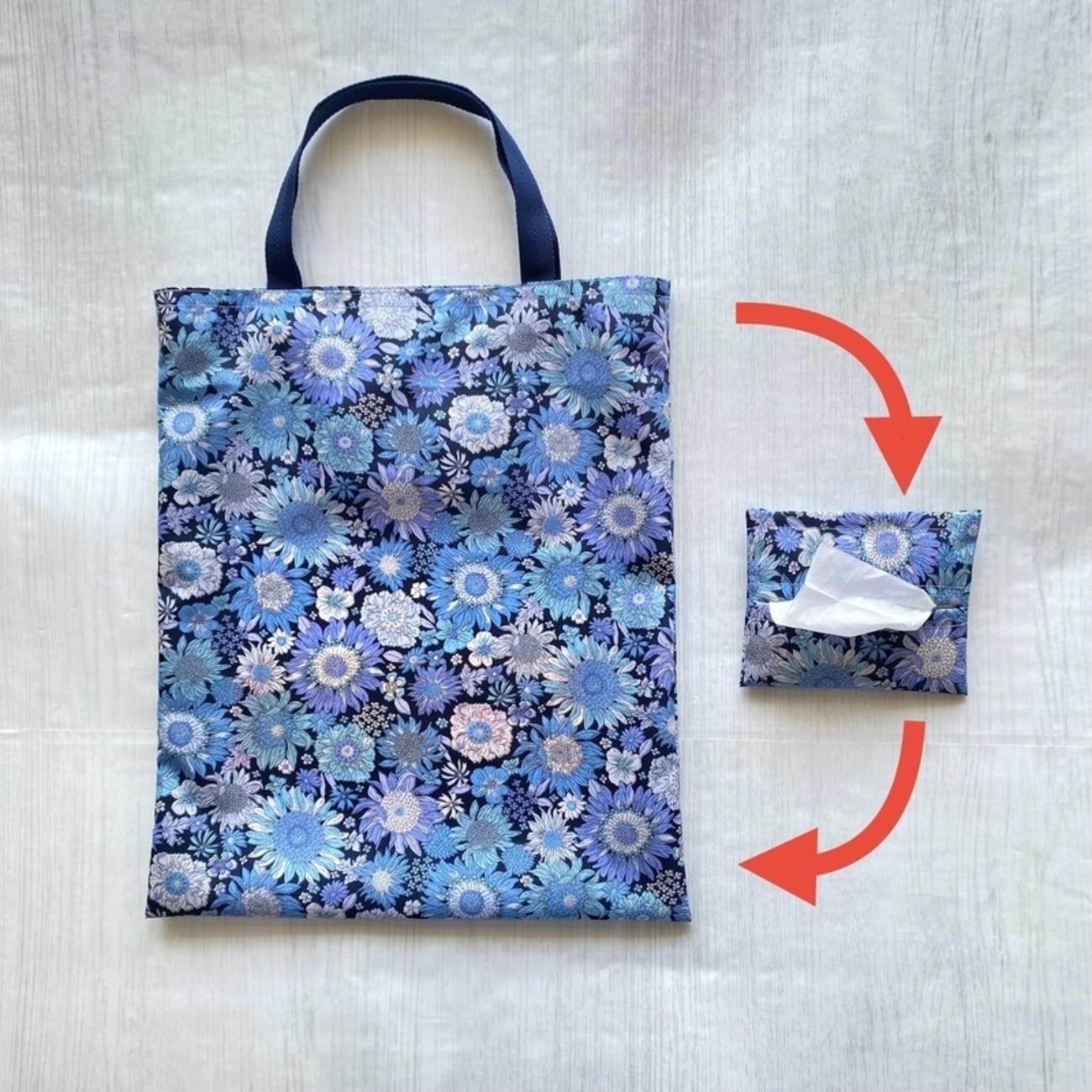 新品販売用製品】藍の花園柄のポケットティッシュカバー兼A4エコバッグ 