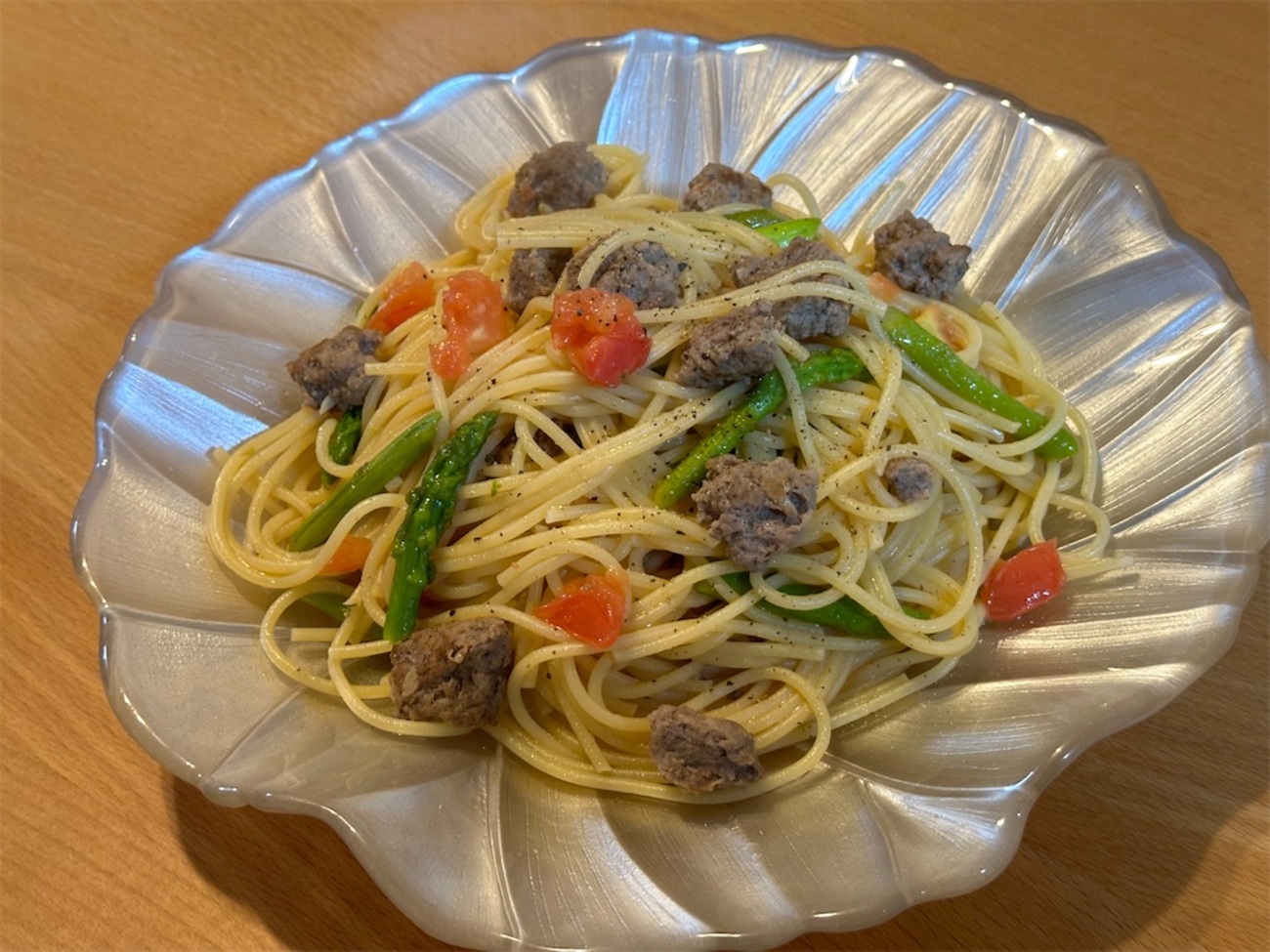 パスタレシピ】合い挽きミンチとアスパラのスパゲティの作り方