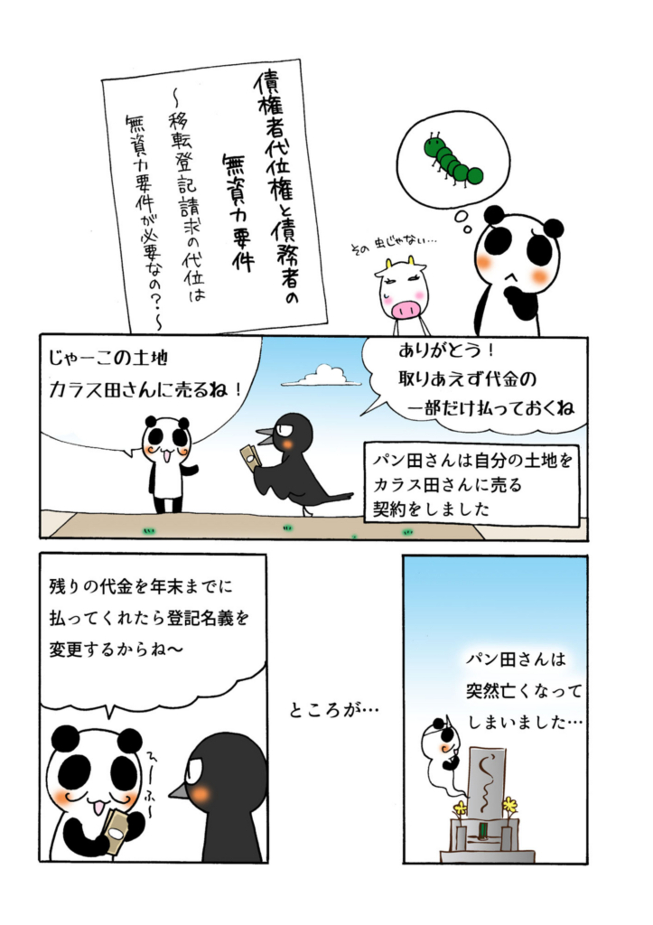 債権者代位権と債務者の無資力要件』をマンガで解説。 移転登記請求の代位は無資力要件が必要なの？ - マンガで民法判例がわかーる。