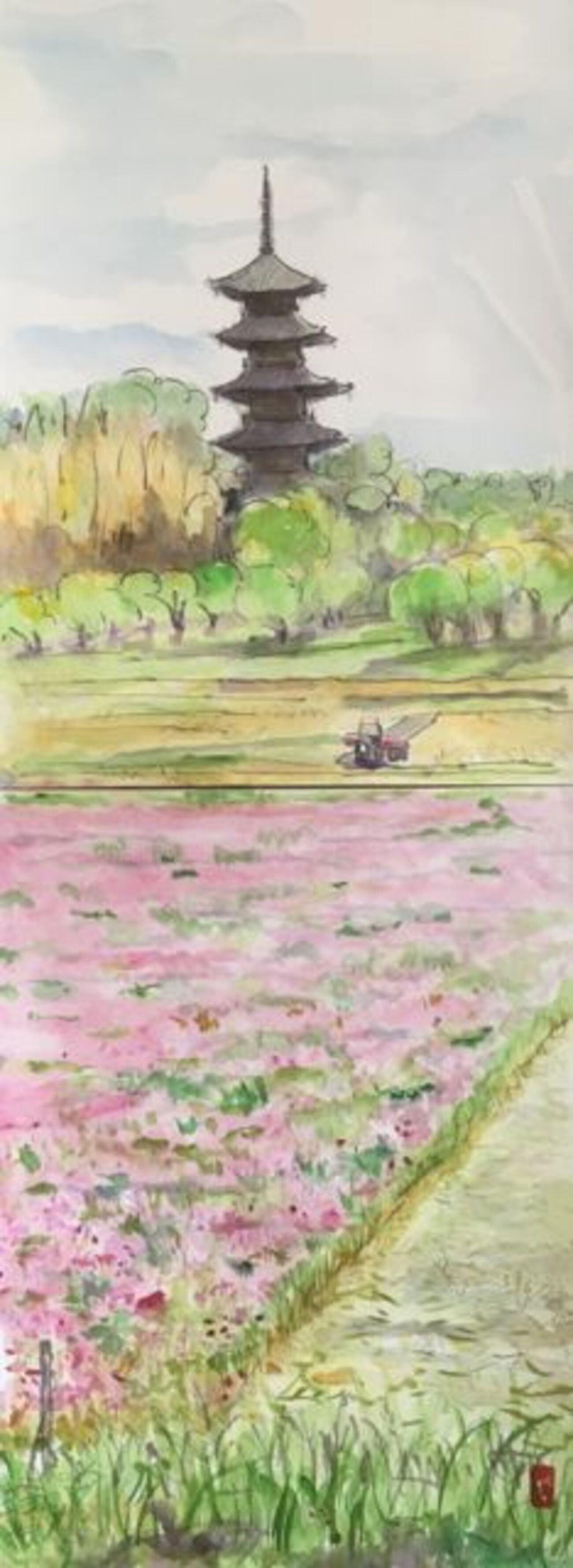 風景画　タィ　チェンマイ　ランプーンのお寺　水彩画　2枚もの　SHO backend=imagemagick;version=1;