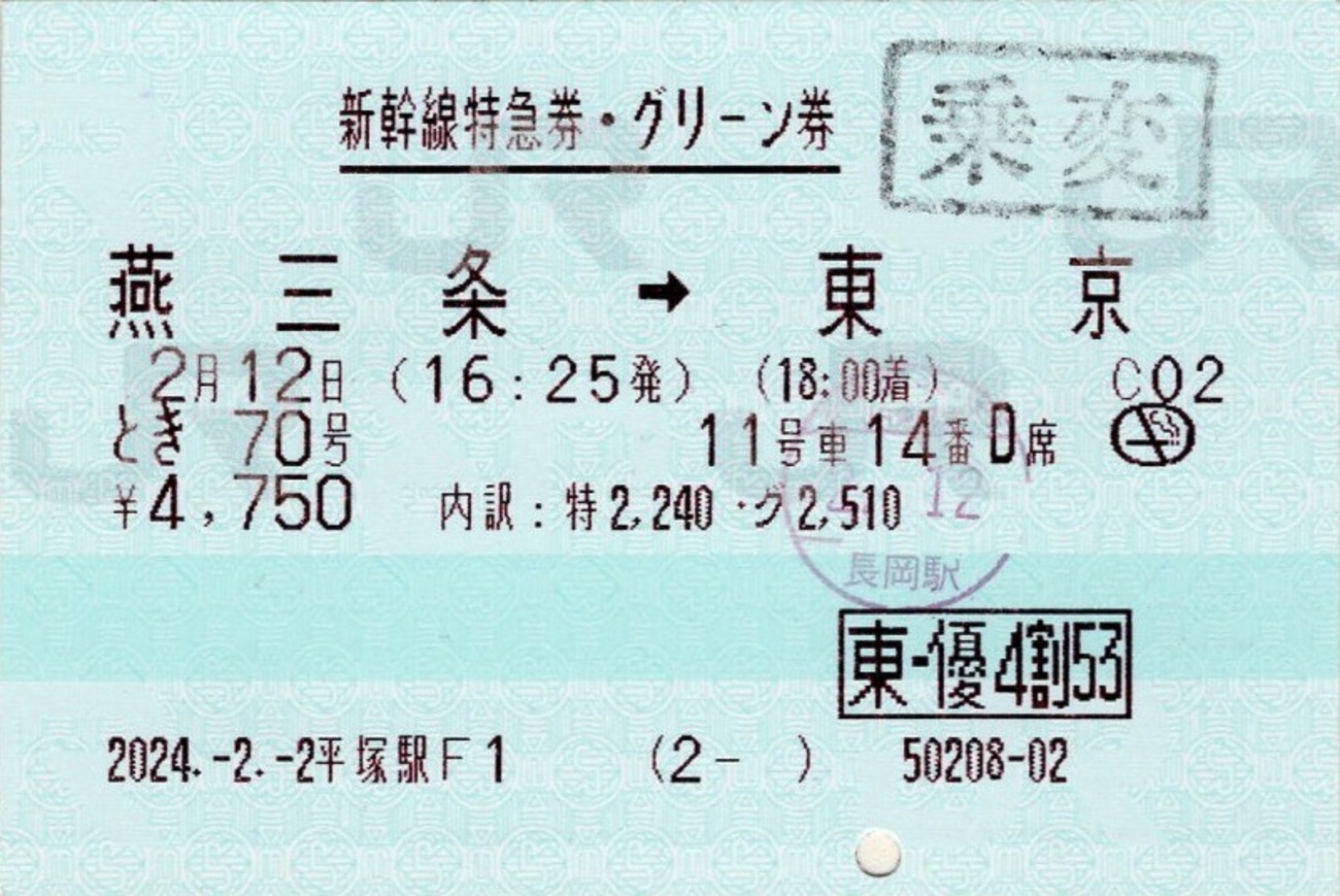 本日の使用切符：JR東日本 平塚駅発行 とき70号 燕三条➡︎東京 新幹線