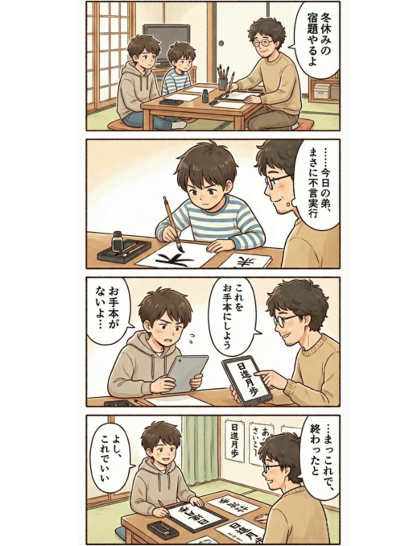 書き初め「不言実行」と「日進月歩」｜中学生兄弟の冬休みの宿題 - もるさん家のブログ