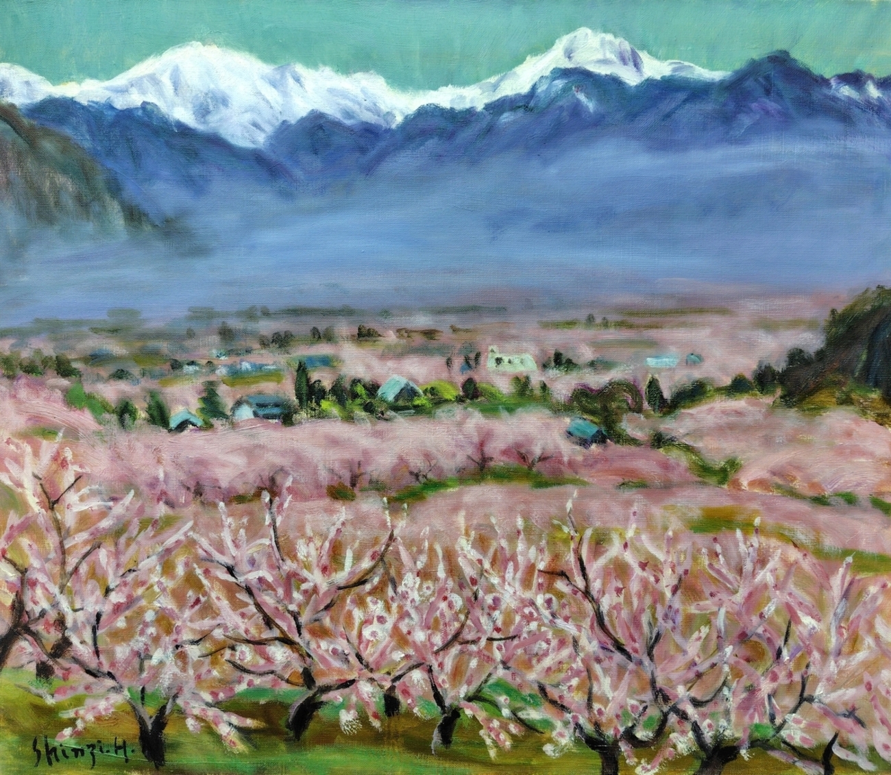 油絵「里」さと 1975 F8 油彩画 絵画 風景画 アート 古い絵が好きです