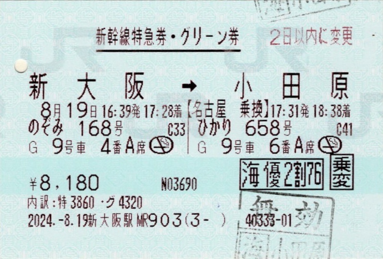 本日の使用切符：JR東海 新大阪駅発行 のぞみ168号・ひかり658号 新 
