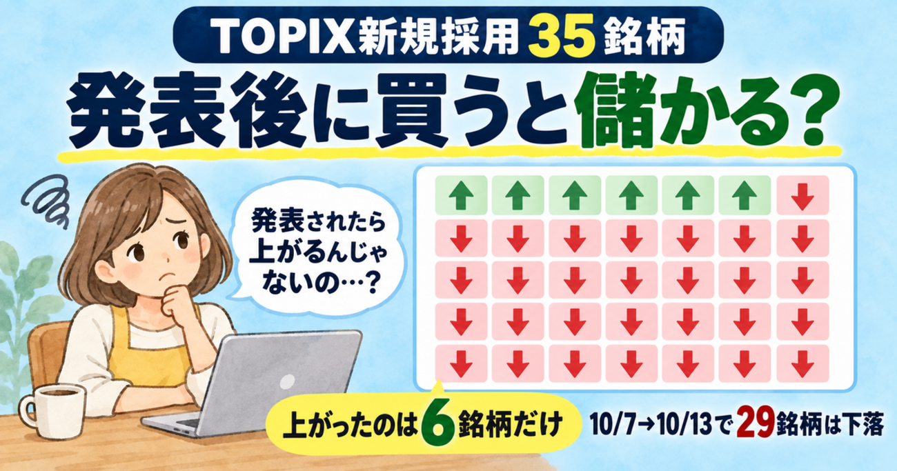 Topix TOPIX新規採用35銘柄は発表後に買うと儲かる?上がったのは6銘柄だけ【2026年10月】 - 期待値で鯨になる