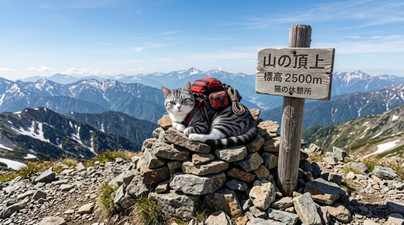 山頂で一休みする猫