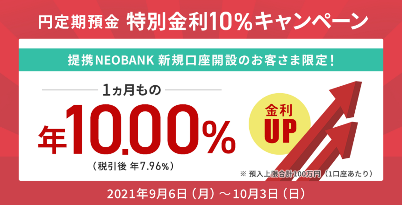 住信SBIネット銀行、円定期預金 特別金利10％キャンペーン！提携NEOBANK新規口座開設限定 - こぼねみ