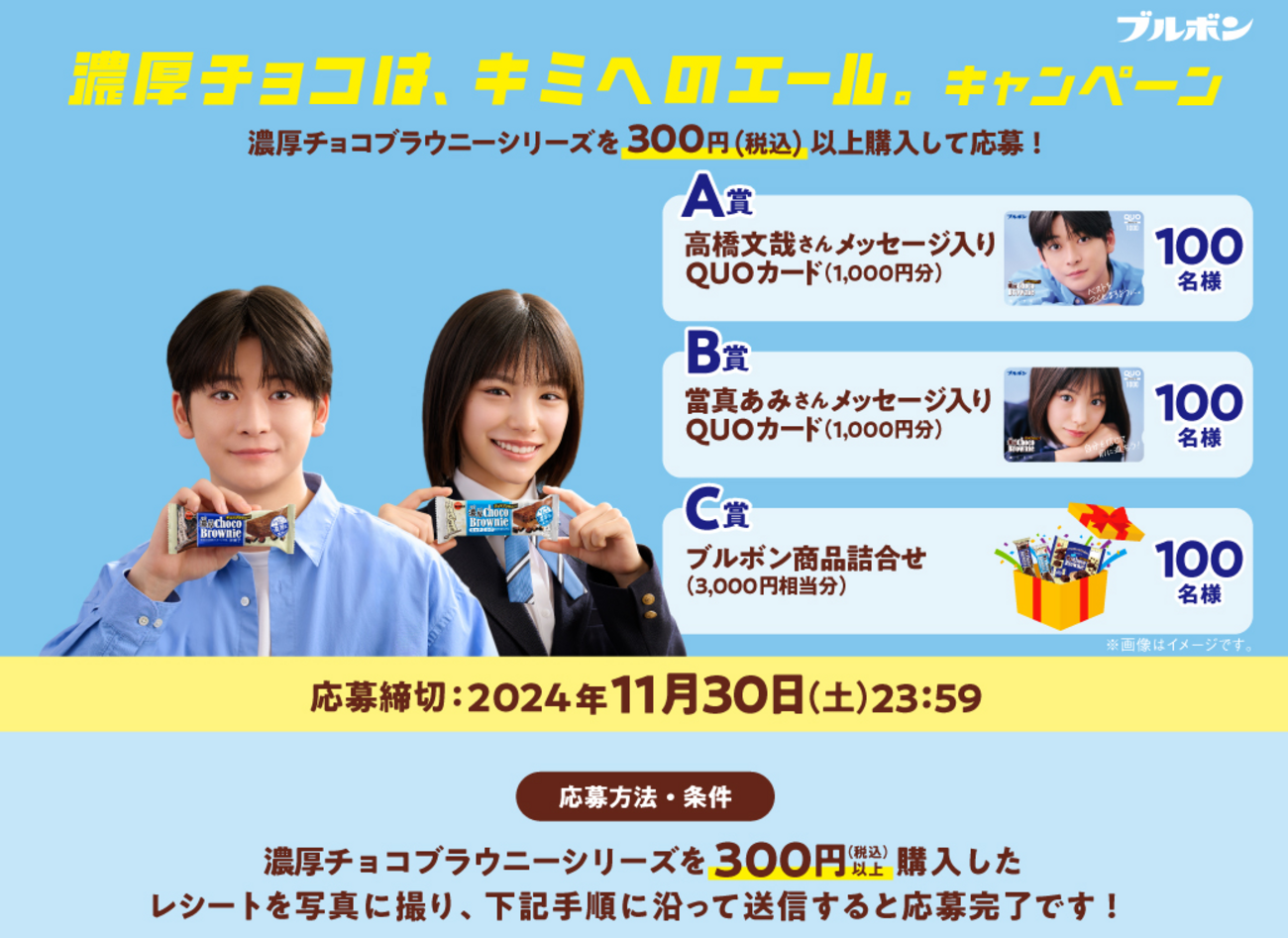 懸賞情報 ブルボン 濃厚チョコブラウニー高橋文哉 當真あみ QUOカード
