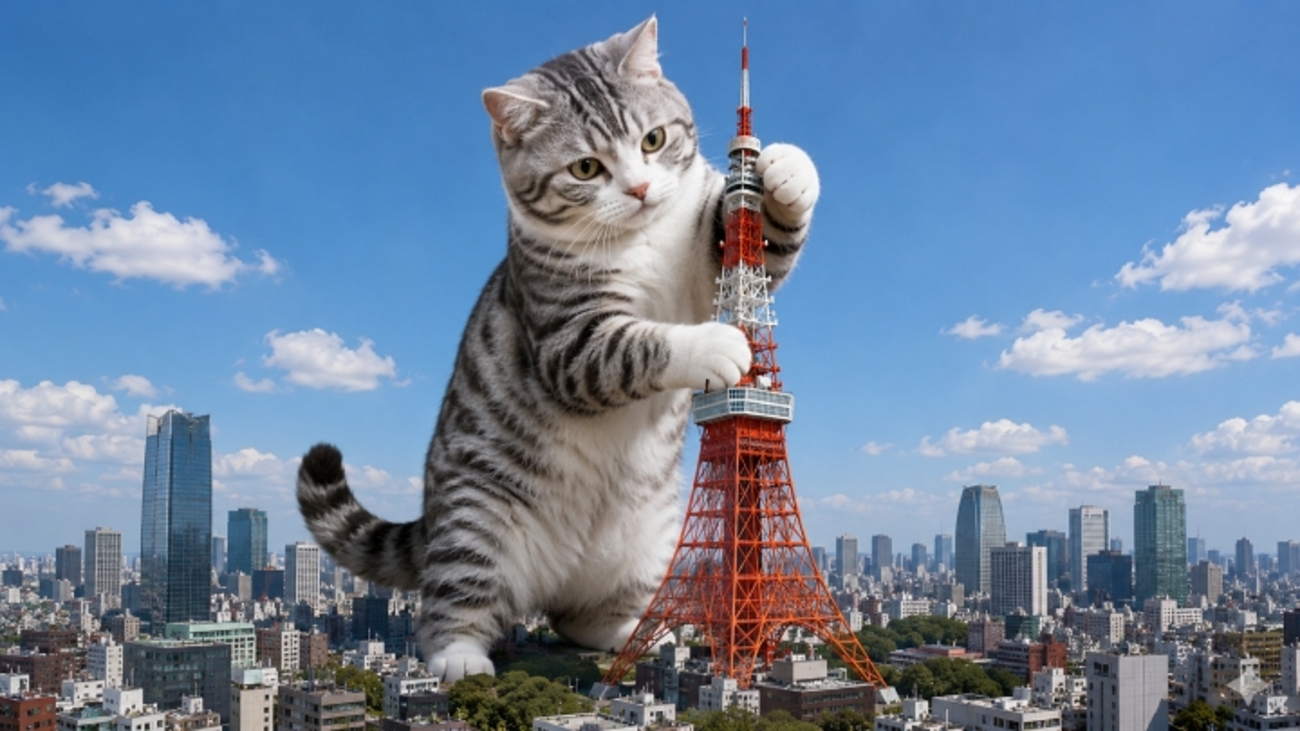 東京タワーと遊ぶ猫