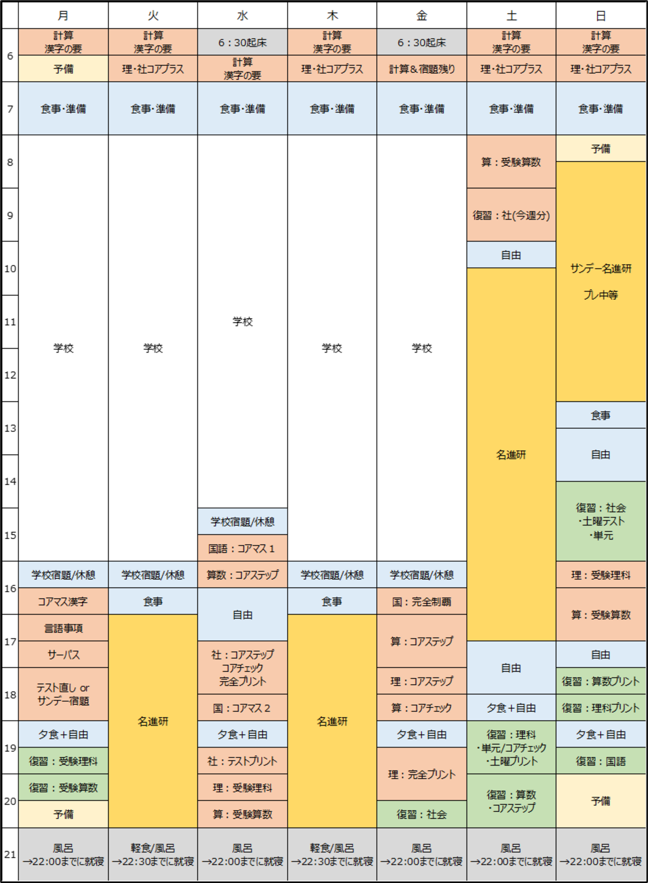 6年生(前半)の週間スケジュールを公開！ - 名進研で駆け抜けた中学受験 
