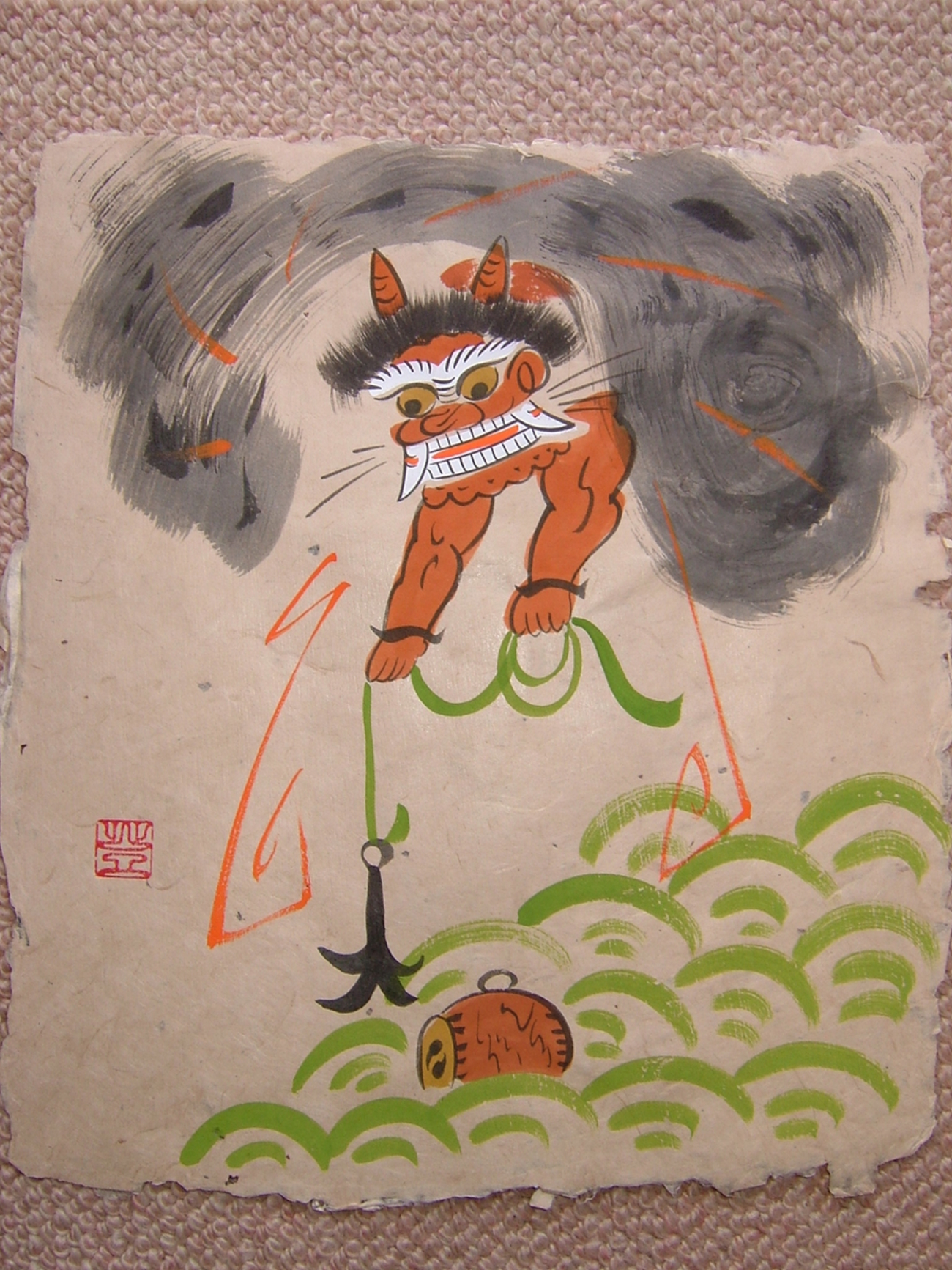 大津絵　雷公の太鼓釣り　掛軸　古画　民藝 掛軸 『雷公の太鼓釣』 - 大津絵の店 Online Shop