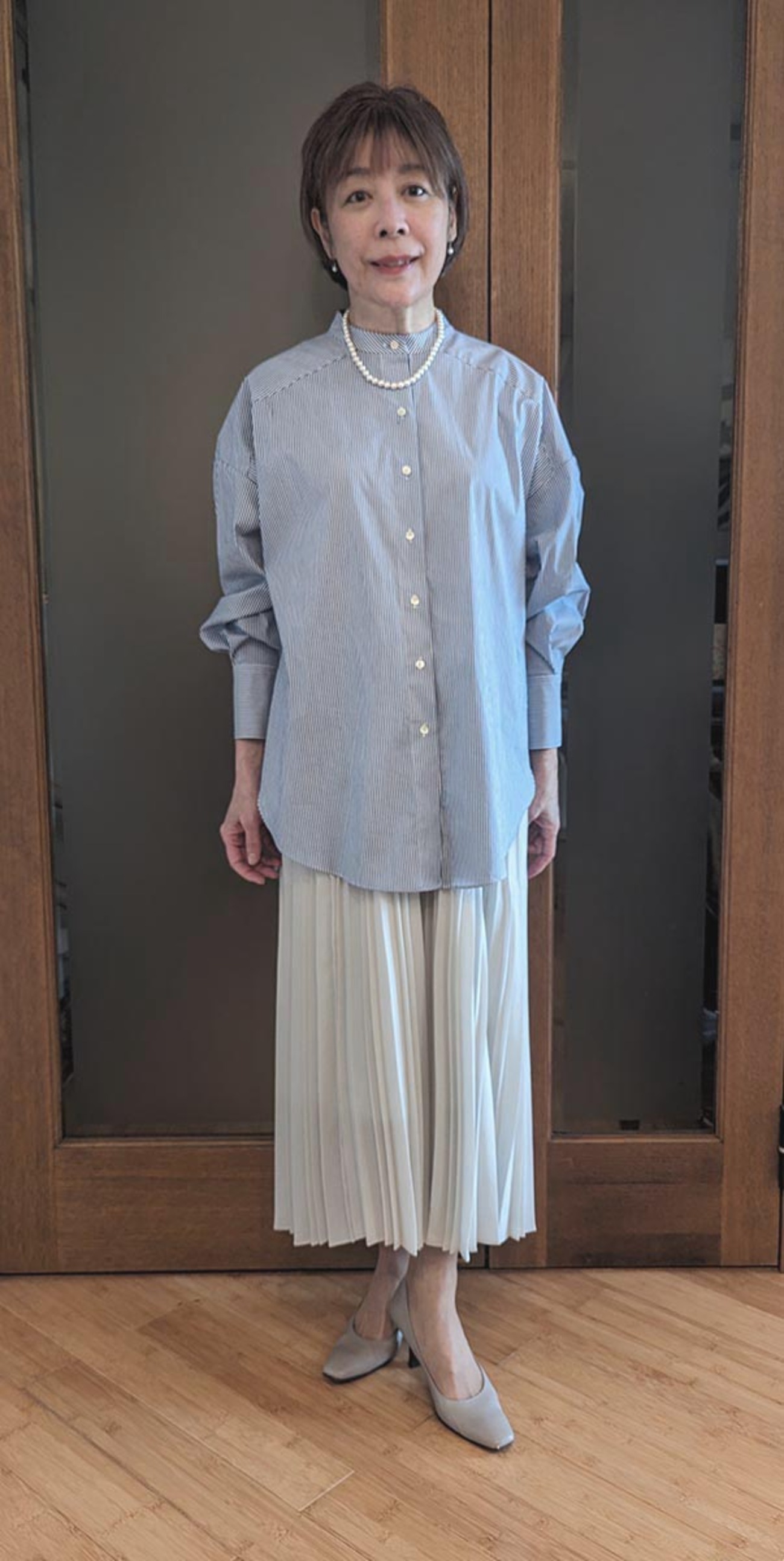 SOEJU バンドカラーロングシャツ ブルーストライプ