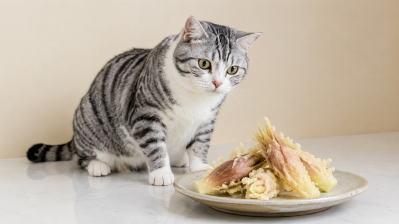 みょうがの天ぷらに興味津々な猫