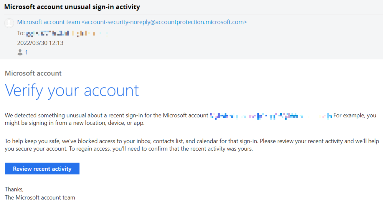 マイクロソフトから「Microsoft account unusual signin activity」というメールが来た コバろぐ