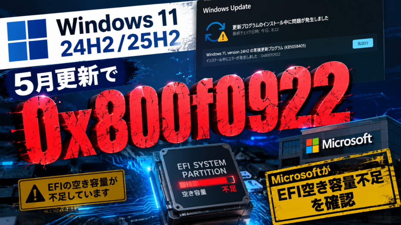 Windows 11 24H2/25H2の5月更新で0x800f0922、MicrosoftがEFI空き容量 
