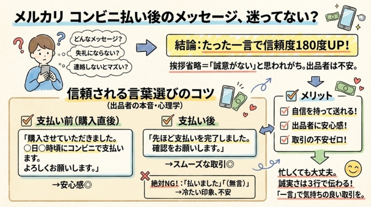 メルカリ「コンビニ支払い」メッセージ完全ガイド｜信頼される例文とNG 