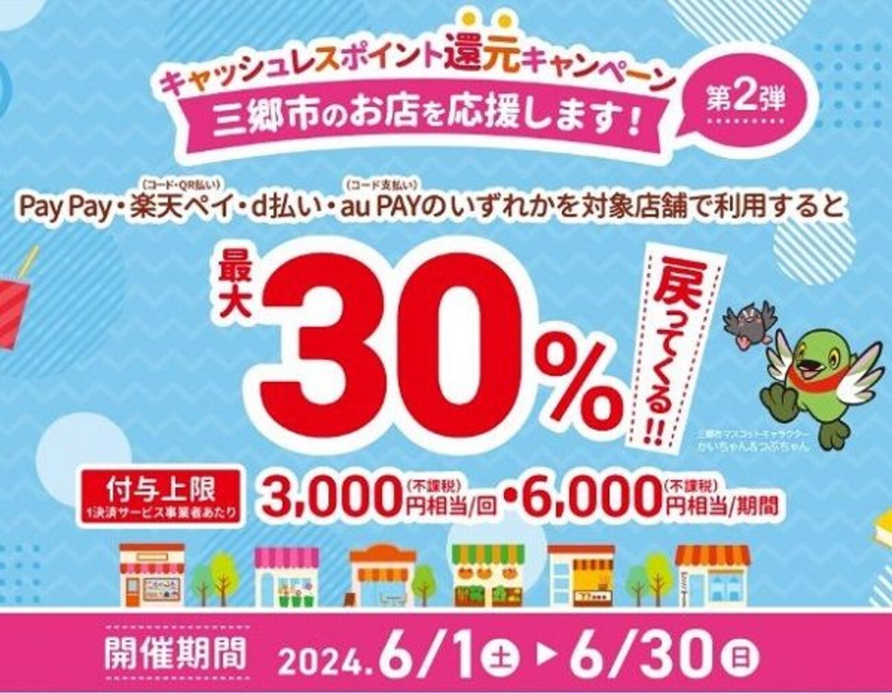 6/30まで！三郷市でau PAY、d払い、PayPay、楽天ペイが最大30%還元！ - サイドバー シーナ