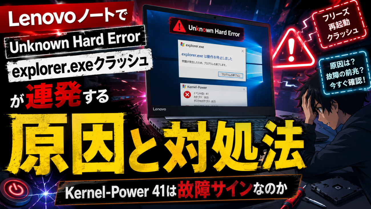 Windowsデスクトップ unknown Lenovoノートで「Unknown Hard Error」とexplorer.exeクラッシュが連発