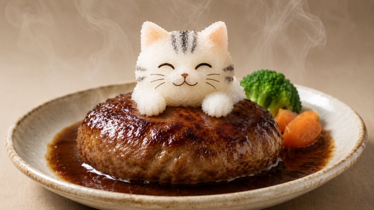ハンバーグに乗った猫