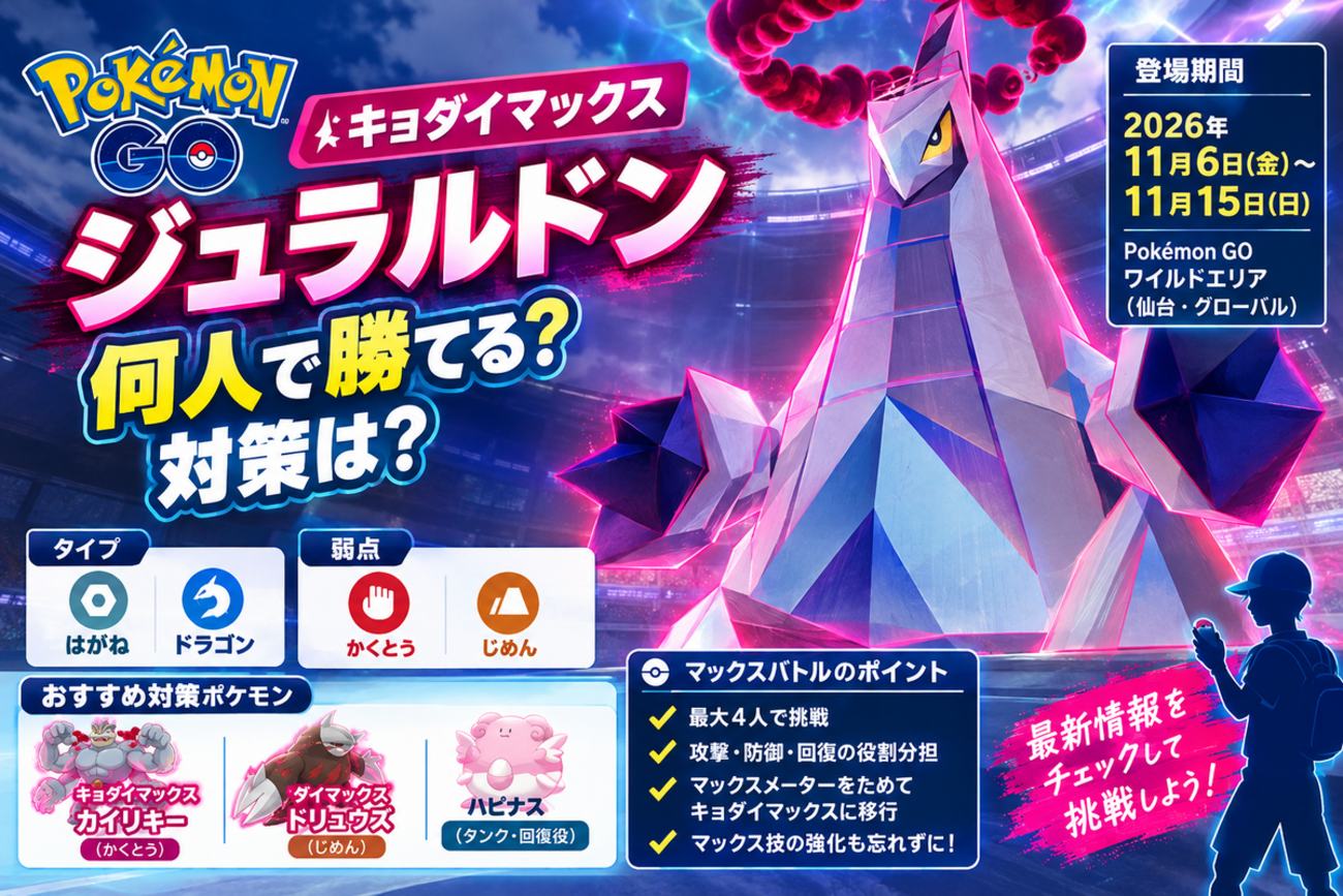 【ポケモンGO】キョダイマックスジュラルドンは何人で勝てる?対策ポケモンと攻略方法