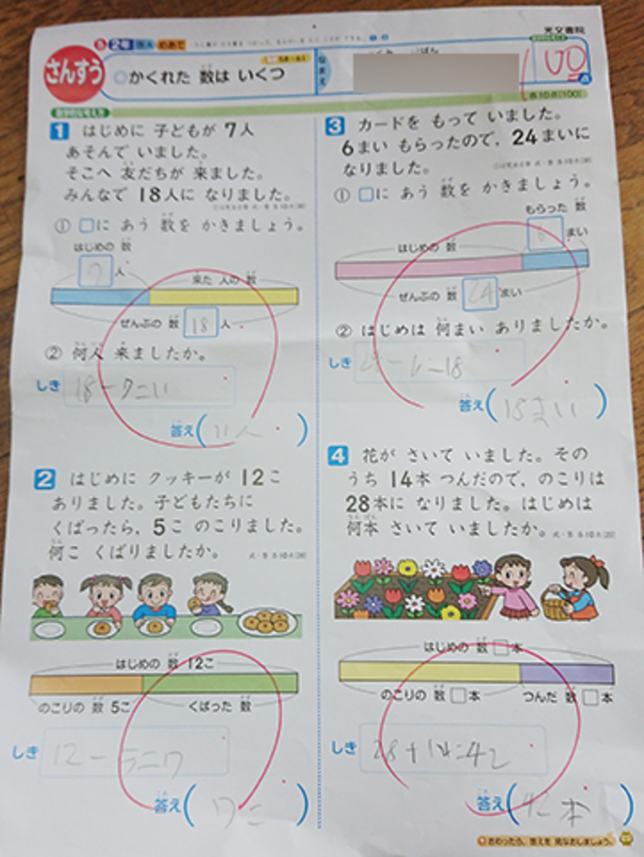小学校の国語と算数のテストの答案用紙をたくさん持ち帰りました 