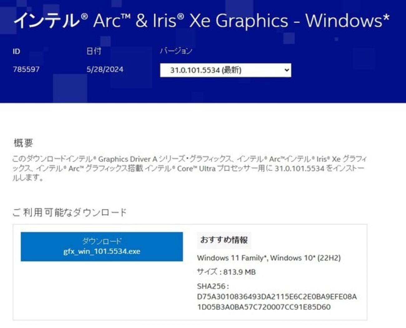 Intel UHD Graphics ドライバー 31.0.101.5534 がリリースされました