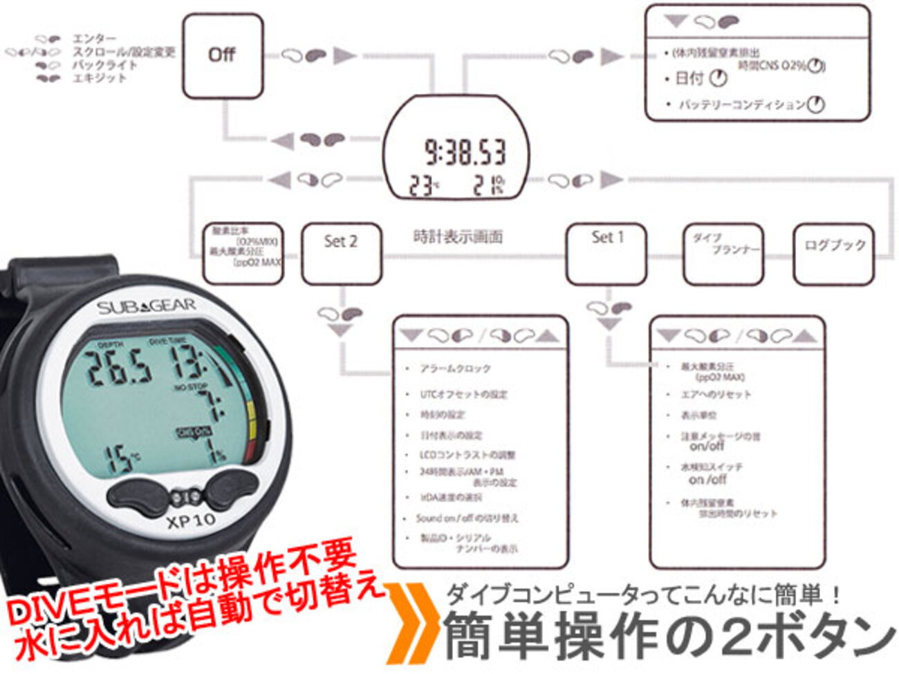 SUB GEAR XP10ダイビングコンピューターの設定ブートキャンプ 