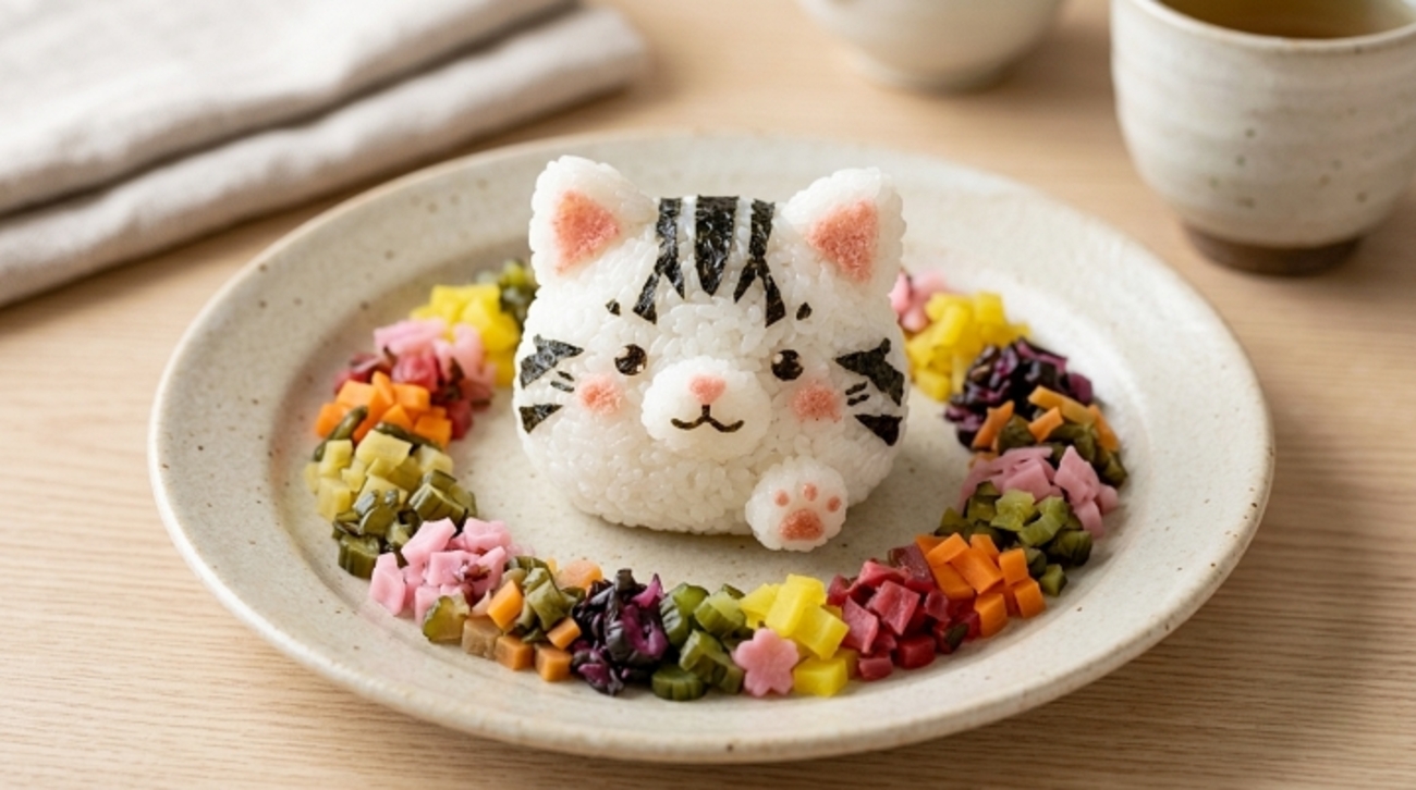つまみ食いするおにぎり猫