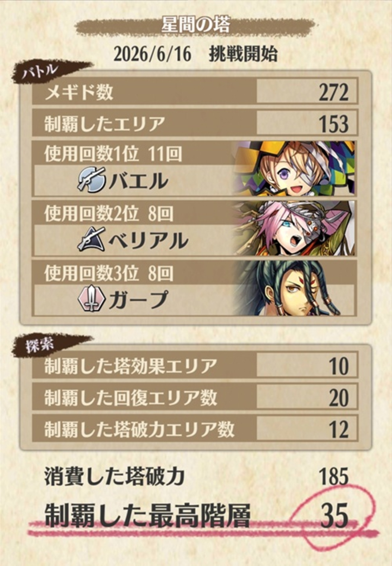 星間の塔35Fクリア時のリザルト【2026年6月】