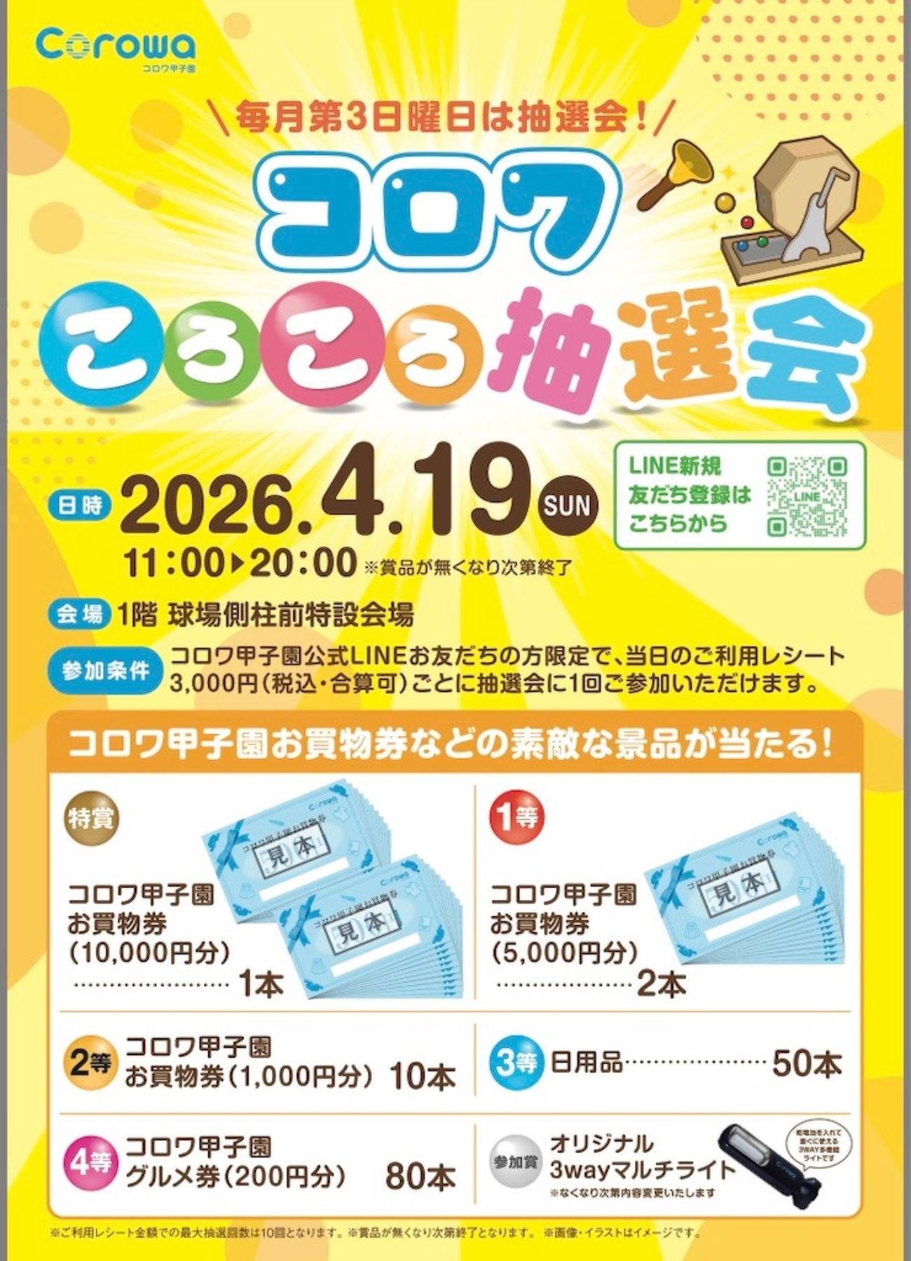 阪神甲子園｜2026年4/19(日)はコロワ甲子園へ！毎月恒例の抽選会、今月 