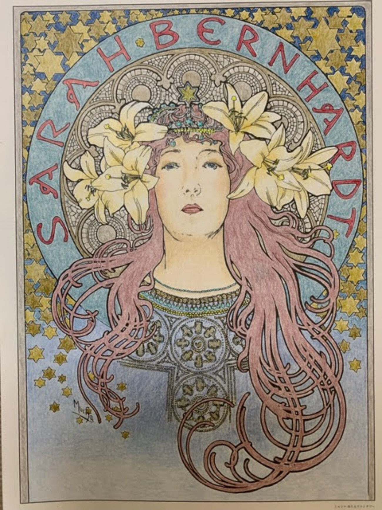 ミュシャ「サラ・ベルナール」のポスターの塗り絵を自由に塗ってみた