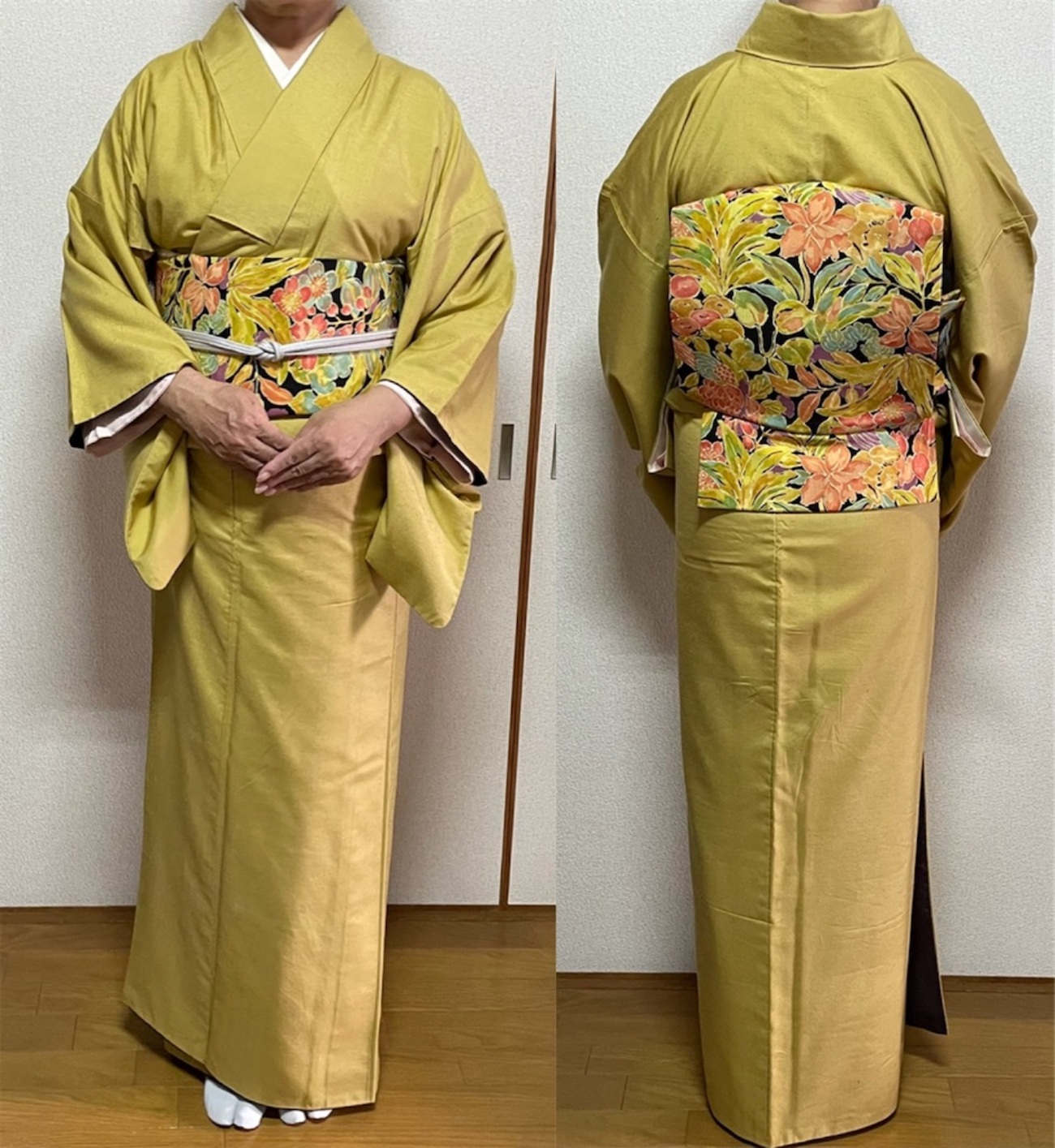 櫨染（ はじぞめ）色の結城紬に小紋着尺から仕立てた帯で - こと子の 