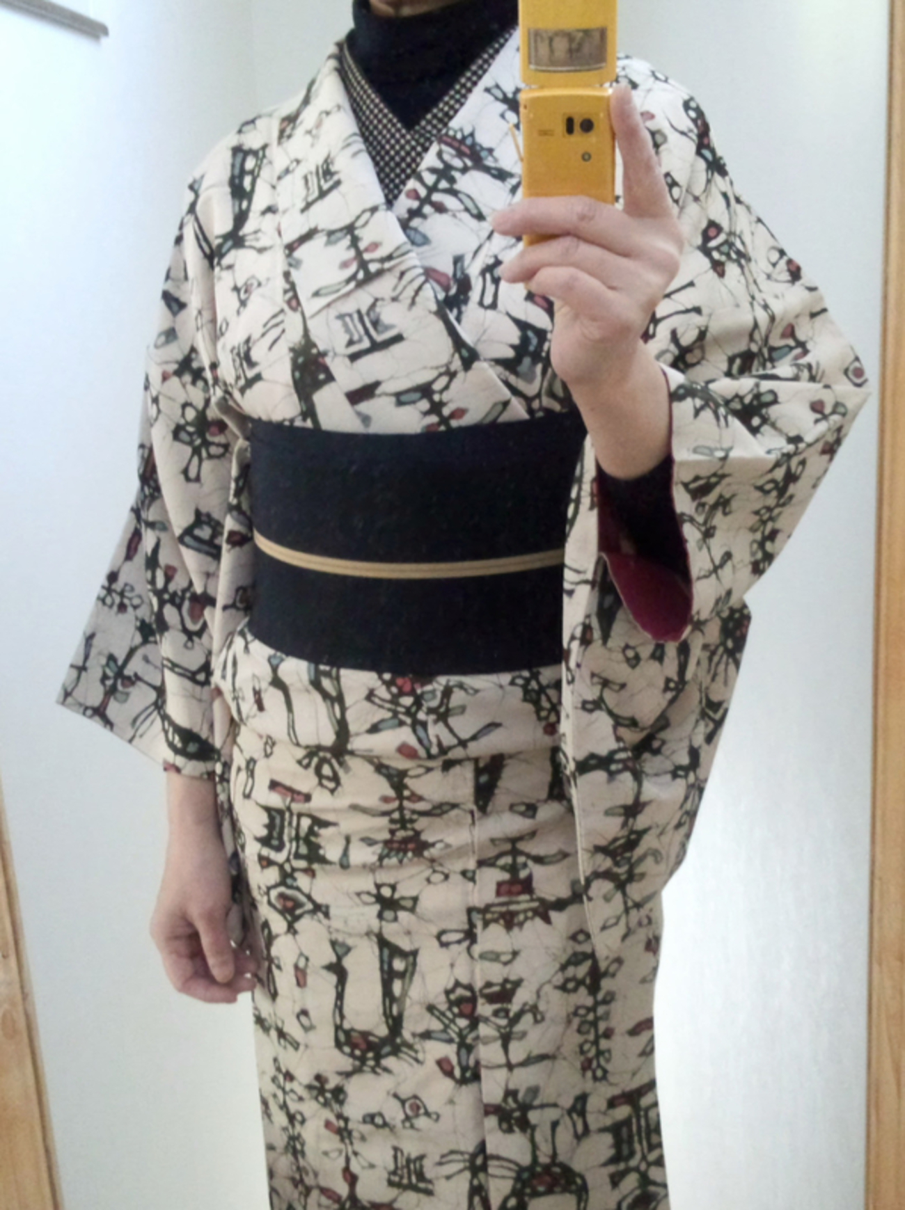 紬　単衣　着物　鳥　花　ろうけつ染め？ 5090-02859_1.jpg