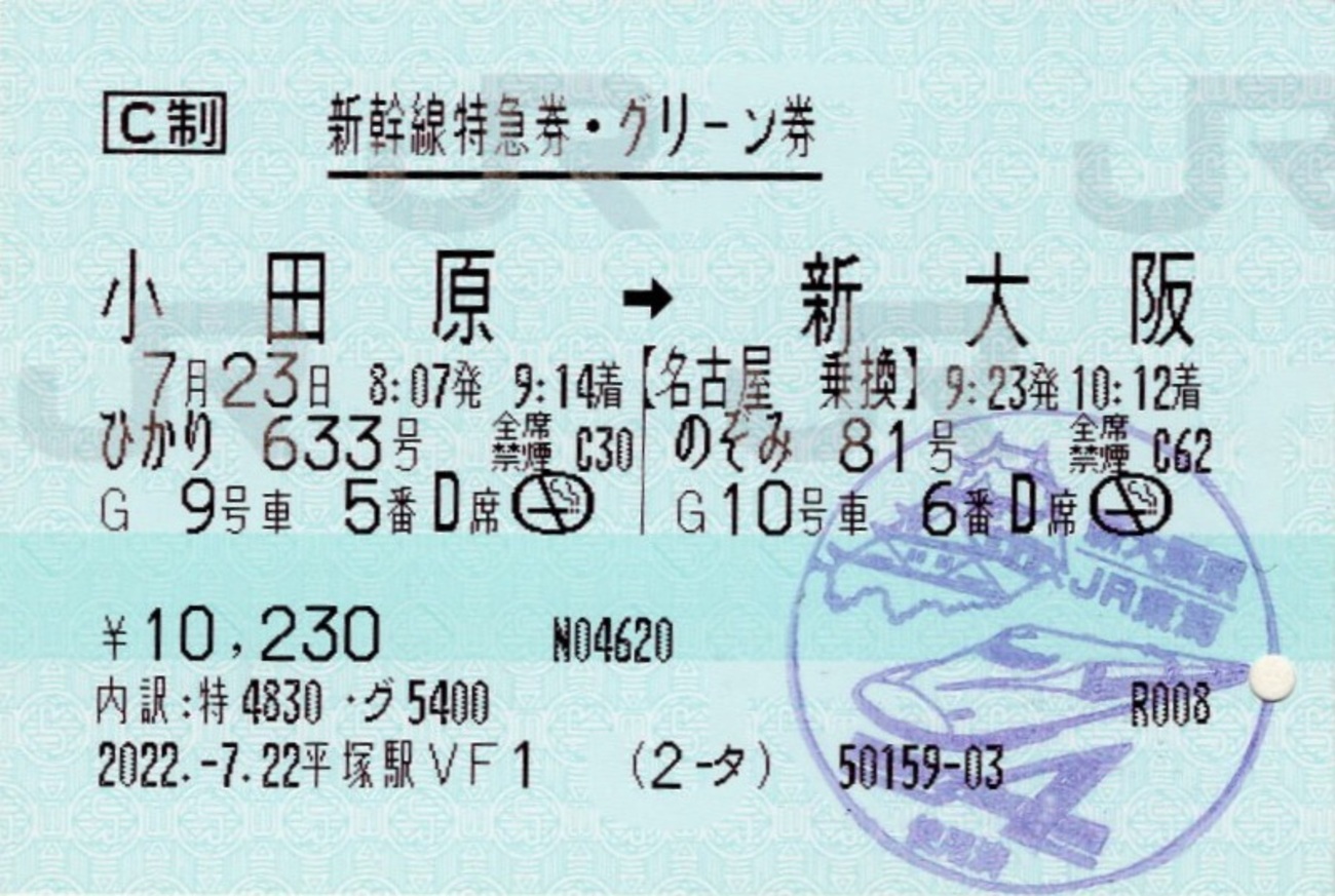 本日の使用切符：JR東日本 平塚駅発行 小田原➡︎新大阪 ひかり633号 