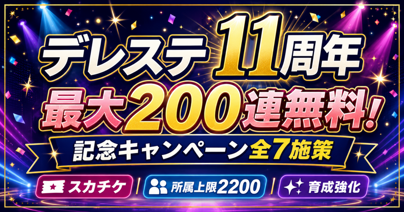 【デレステ11周年】最大200連無料!記念キャンペーン全7施策まとめ|スカチケ・所属上限2200