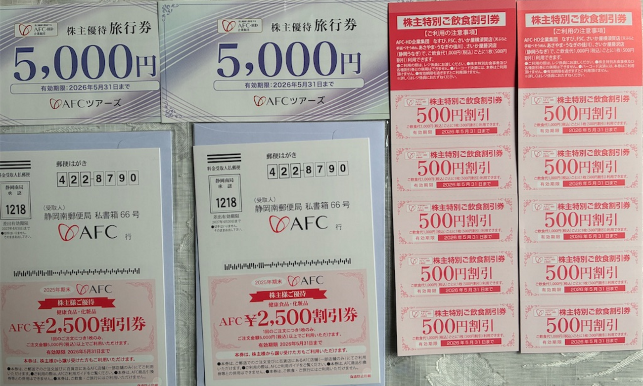 AFC 株主優待 到着、いつ届く、食事券、旅行券 - たつやの株主優待 