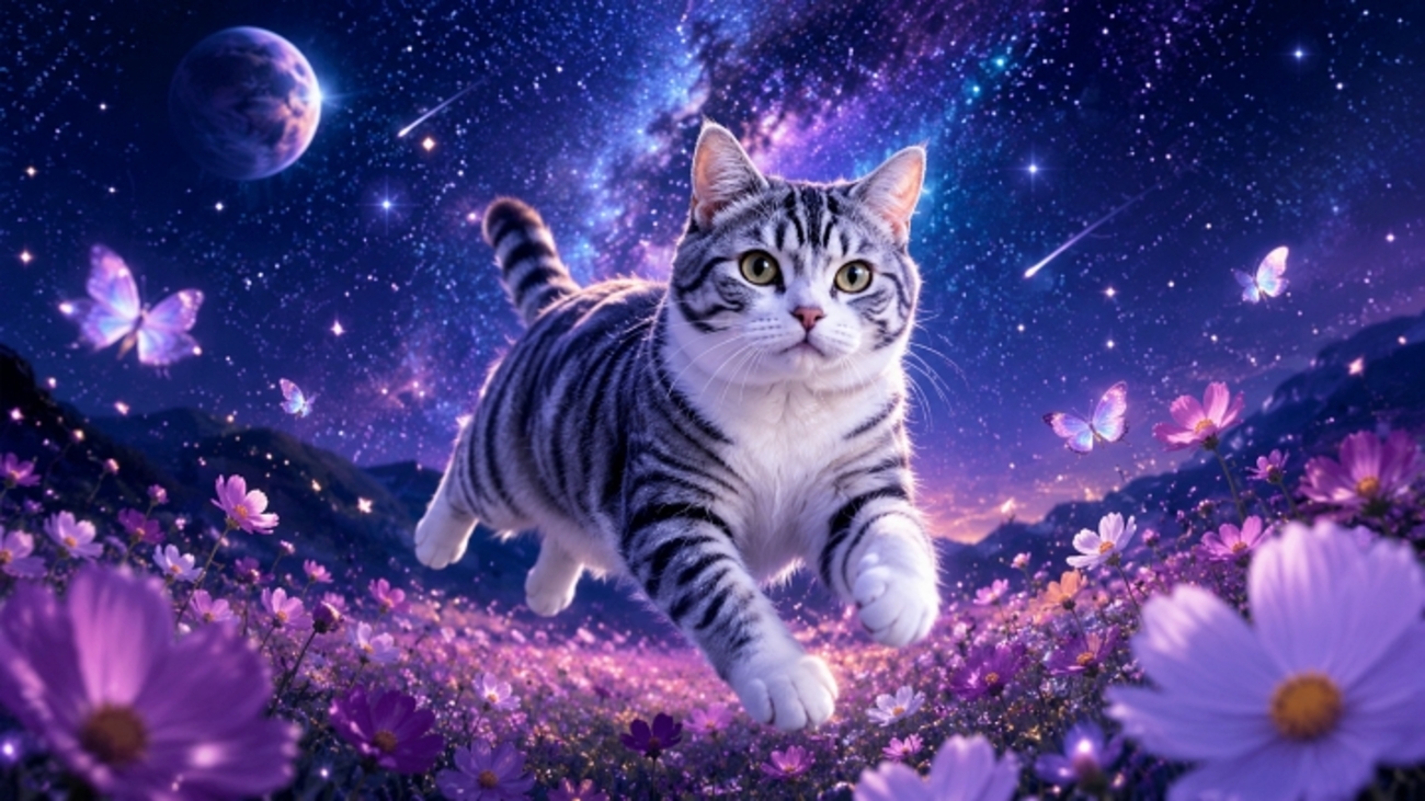 コスモス畑で遊ぶ猫