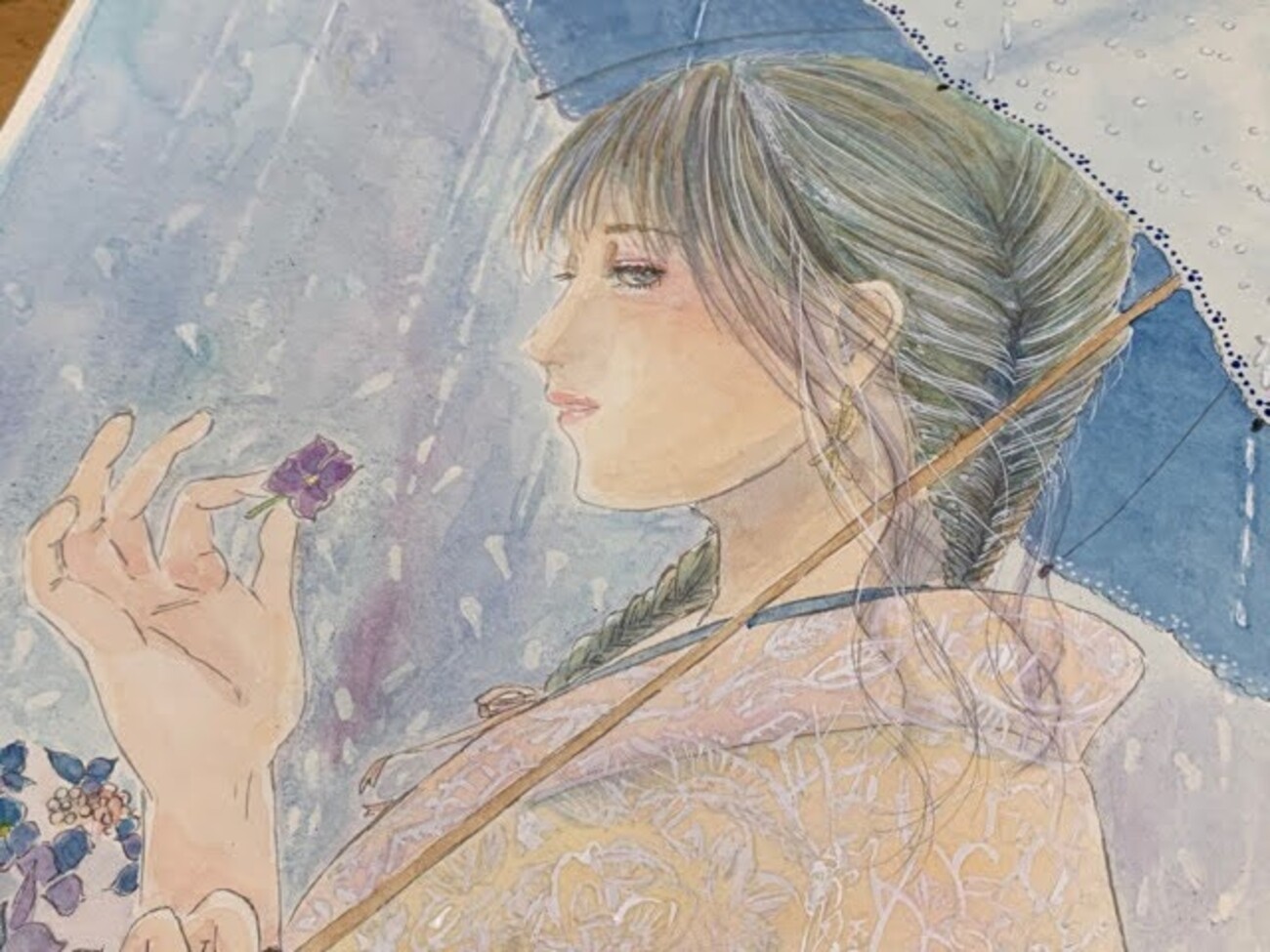 水彩で塗ってみたステキな線画「紫陽花とレース着物の女の子」F4サイズ 