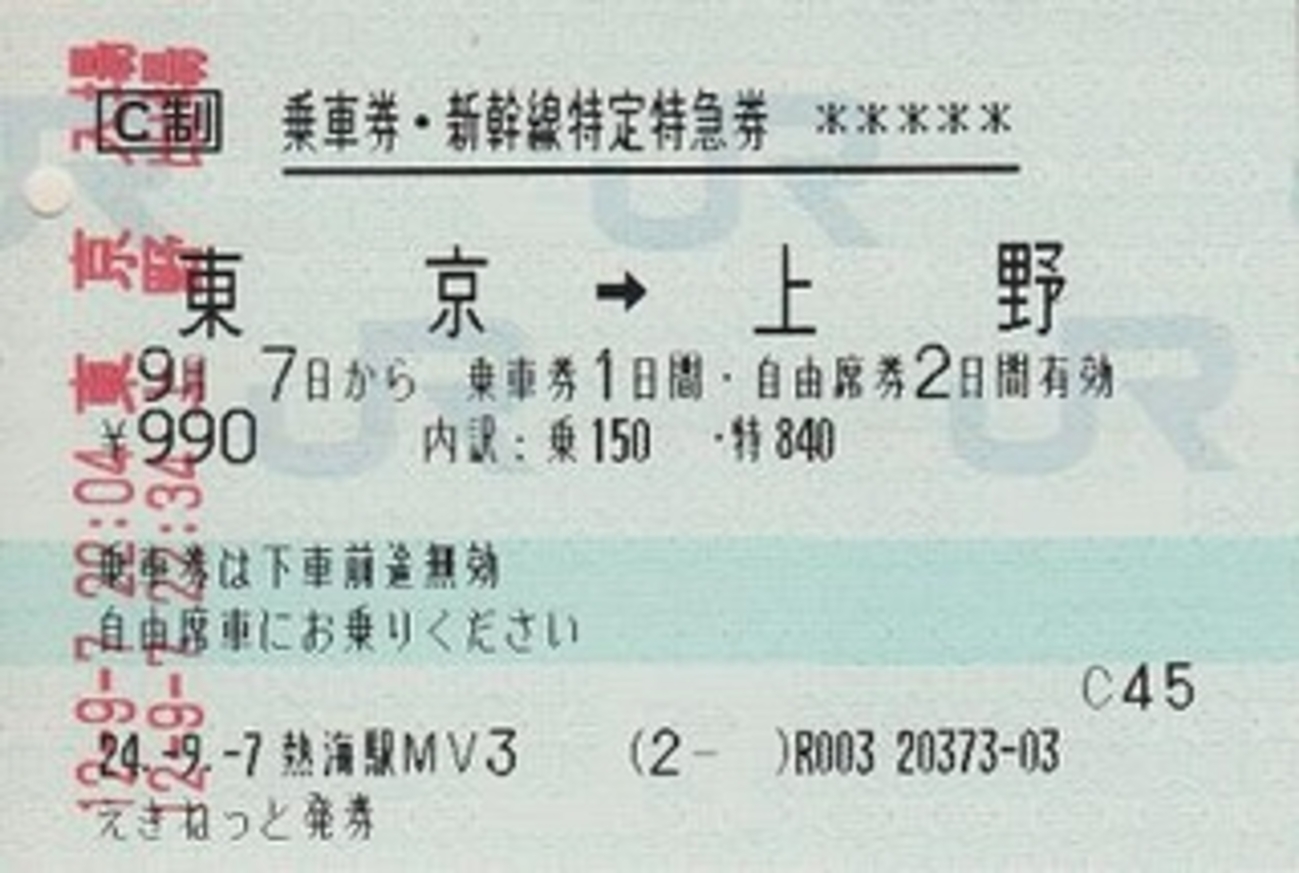 東京→上野 乗車券・新幹線特定特急券 - 紙切れ旅行記