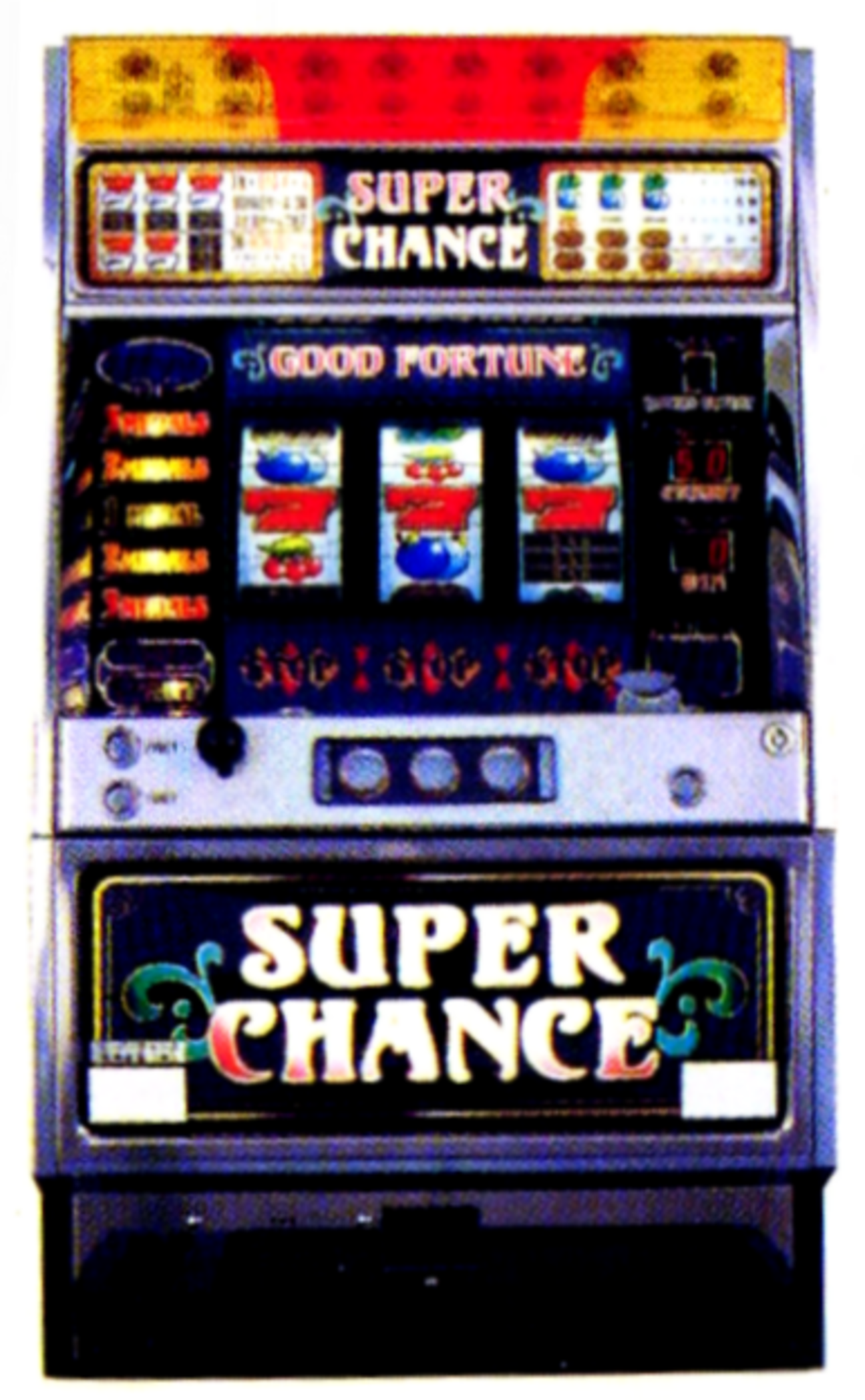 コイン不要機（岡崎産業）【尚球社】スーパージャックポット．ラッキーチャンス 岡崎産業「スーパージャックポット（4号機）」の筺体＆スペック