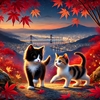 山から望む夜景と紅葉の道を歩く子猫たち