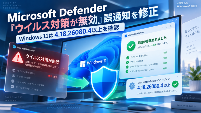 Microsoft Defender「ウイルス対策が無効」誤通知を修正、Windows 11は4.18.26080.4以上を確認