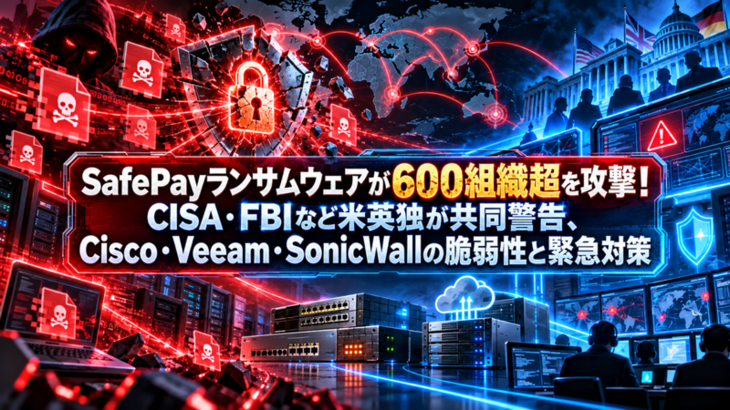 SafePayランサムウェアが600組織超を攻撃！CISA・FBIなど米英独が共同警告、Cisco・Veeam・SonicWallの脆弱性と緊急対策